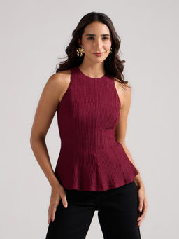 Twenty Dresses by Nykaa Fashion - Maroon Textured Round Neck Fit and Flared Top