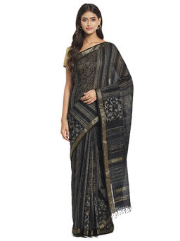 Fabindia - Black Hand Block Print Cotton Silk Saree