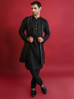 KISAH - Men Black Printed Cotton Blend Kurta Jacket Churidar Set with Tie & Dye Design