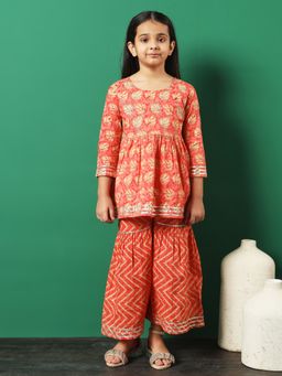Readiprint - Frock Style Cotton Peach Kurti with Sharara (Set of 2)