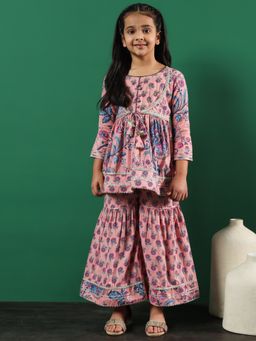 Readiprint - Frock Style Cotton Fabric Pink Color Kurti and Sharara (Set of 2)
