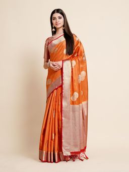 Mimosa - Women Traditional Vakrangi Kanjivaram Art Silk Orange Saree with Unstitched Blouse