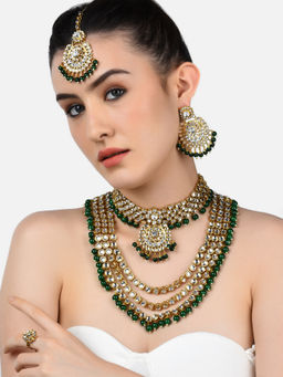 Zaveri Pearls - Green Bridal Choker Necklace Earring & Maangtikka & Ring Set-ZPFK10842