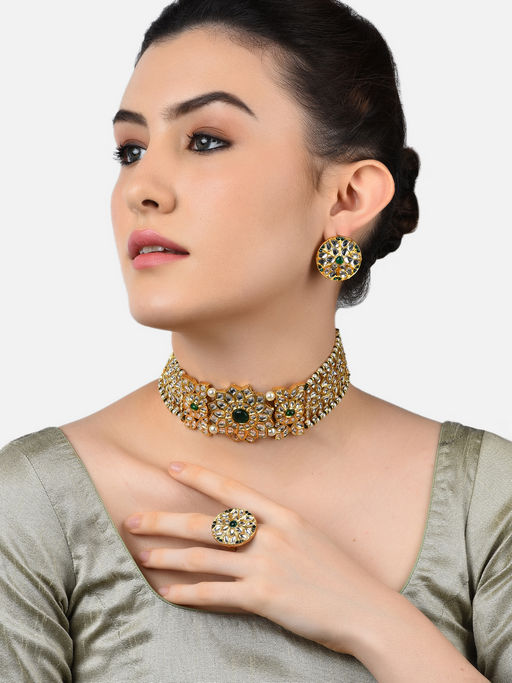 Zaveri Pearls Green Traditional Kundan Choker Necklace Earring & Ring Set-ZPFK11072