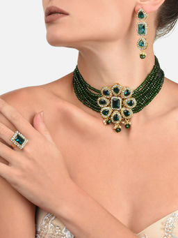 Zaveri Pearls - Green Multistrand Ethnic Choker Necklace Earrings & Ring Set-(ZPFK11588)