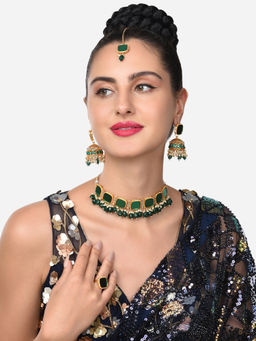 Zaveri Pearls - Green Mirror & Beads Choker Necklace Earrings Maangtikka & Ring Set-(ZPFK11589)