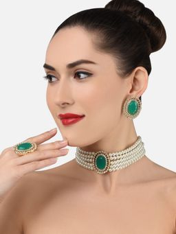 Zaveri Pearls - Green Stones Ethnic Multistrand Pearls Choker Necklace Earring and Ring Set-ZPFK11667