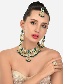 Zaveri Pearls - Green Stones and Beads Bridal Necklace Earring Maangtikka and Ring Set-ZPFK12128