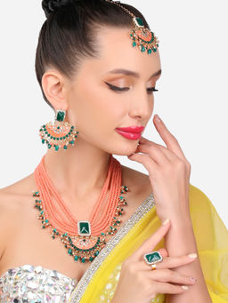 Zaveri Pearls - Peach & Green Multistrand Necklace Earring Maangtikka & Ring Set-ZPFK12626