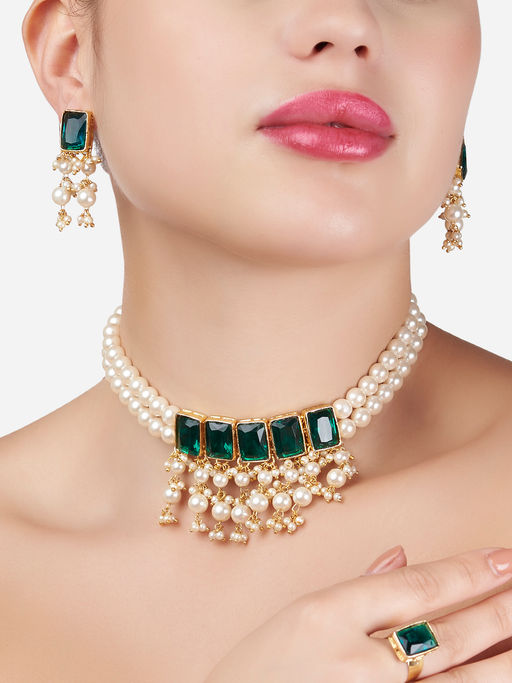 Zaveri Pearls Green Stones Multistrand Pearls Cluster Choker Necklace Earring & Ring Set (Set of 3)