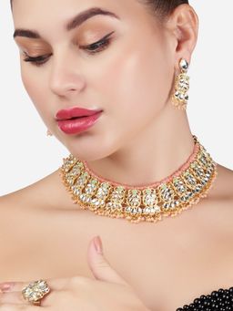 Zaveri Pearls - Peach & Green Kundan Choker Necklace Earring Ring Set-ZPFK13524 (Set of 3)
