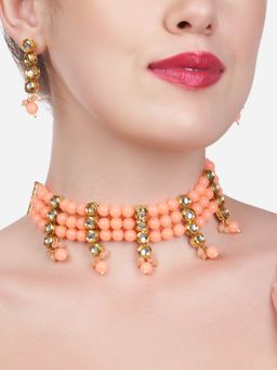 Zaveri Pearls - Peach Multistrand Beaded Kundan Choker Necklace & Earring Set-ZPFK13541 (Set of 2)