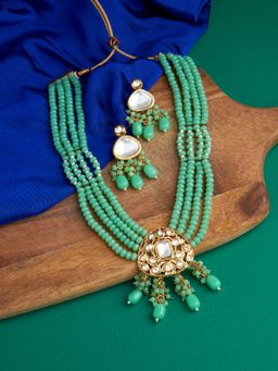 Zaveri Pearls - Green Multistrand Beaded Kundan Necklace & Earring Set-ZPFK13542 (Set of 2)
