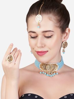 Zaveri Pearls - Blue & Peach Multistrand Beaded Kundan Crescent Choker Jewellery Set (Set of 4)
