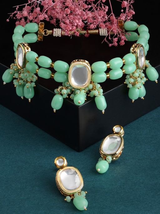 Zaveri Pearls Green Multistrand Beaded Kundan Choker Necklace & Earring Set-ZPFK13576 (Set of 2)