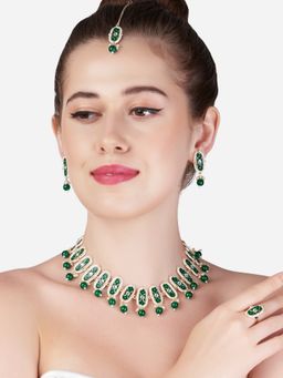 Zaveri Pearls - Green Meenakari Ethnic Kundan Choker Necklace Earring Maangtikka & Ring Set (Set of 4)