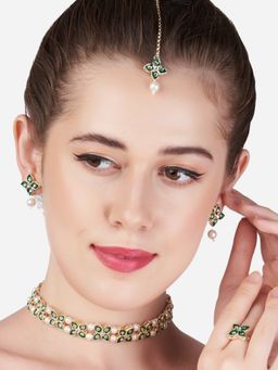 Zaveri Pearls - Green Meenakari Flowers Choker Necklace Earring Maangtikka & Ring Set (Set of 4)