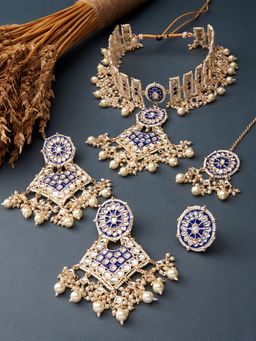 Zaveri Pearls - Blue Meenakari Kundan Choker Necklace Earring Maangtikka & Ring Set (Set of 4)