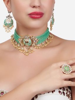 Zaveri Pearls - Green Meenakari Multistrand Crystals Beaded Choker Necklace Set (Set of 3)