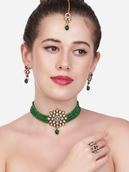 Zaveri Pearls - Green Beaded Kundan Choker Necklace Earring Maangtikka & Ring Set-ZPFK13535