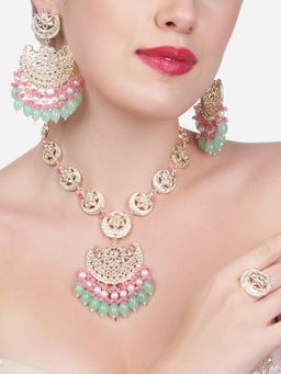 Zaveri Pearls - Pink & Green Cluster Kundan Crescent Necklace Earring & Ring Set-ZPFK13539