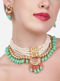 Zaveri Pearls - Green Beads Multistrand Pearls Choker Necklace & Earring Set-ZPFK13543