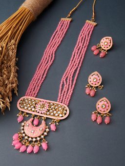 Zaveri Pearls - Pink Meenakari Multistrand Kundan Necklace Earring & Ring Set-ZPFK13642