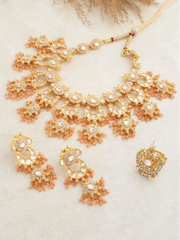 Zaveri Pearls - Peach Dangling Beads Kundan Choker Necklace Earring & Ring Set-ZPFK13651