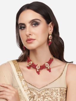 Zaveri Pearls - Red Multistrand Cluster Beaded Kundan Necklace & Earring Set-ZPFK13754