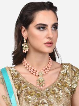 Zaveri Pearls - Peach & Green Multi Strand Beaded Kundan Necklace & Earring Set-ZPFK13755