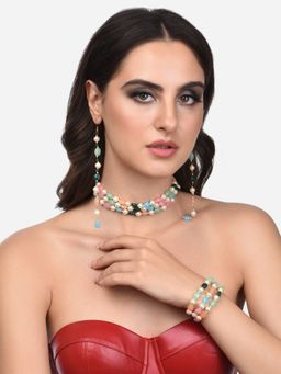 Zaveri Pearls - Multicolor Multi Strands Beaded Choker Necklace Earring & Bracelet Set-ZPFK13761