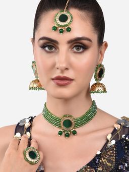 Zaveri Pearls - Green Mirror Multistrand Necklace Earring Maangtikka & Ring Set-ZPFK13779
