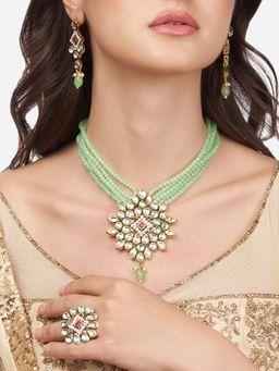 Zaveri Pearls - Green Multistrand Beaded Kundan Long Necklace Earring & Ring Set-ZPFK13780