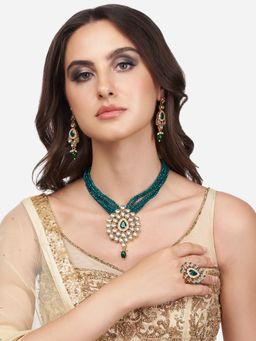 Zaveri Pearls - Green Multistrand Beaded Kundan Long Necklace Earring & Ring Set-ZPFK13781