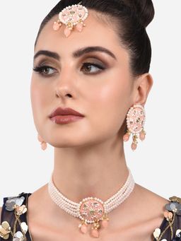 Zaveri Pearls - Peach Meenakari Multistrand Necklace Earring & Maangtikka Set-ZPFK13782