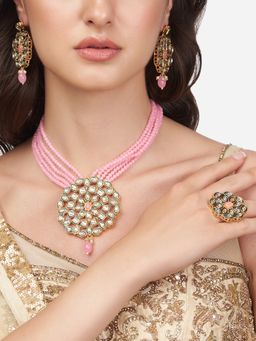 Zaveri Pearls - Pink Multistrand Beaded Kundan Long Necklace Earring & Ring Set-ZPFK13783
