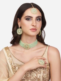 Zaveri Pearls - Green Multistrand Choker Necklace Earring & Maangtikka Set-ZPFK13784