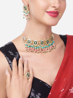 Zaveri Pearls - Pink & Green Beads Cluster Drop Choker Necklace Earring & Ring Set-ZPFK13800