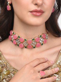 Zaveri Pearls - Pink & Green Stones Ethnic Kundan Choker Necklace Earring & Ring Set-ZPFK13805