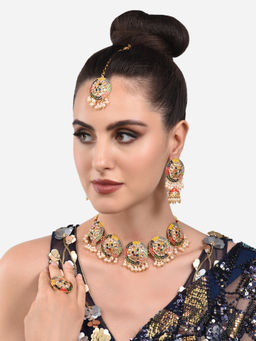 Zaveri Pearls - Multicolor Meenakari Flower Necklace Earring Maangtikka & Ring Set-ZPFK13825
