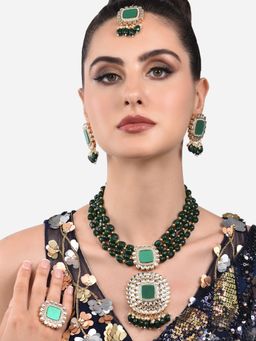 Zaveri Pearls - Green Multistrand Beaded Mirror Necklace Earring Maangtikka & Ring Set-ZPFK13969
