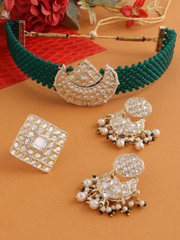 Zaveri Pearls - Green Crystal Beads Woven Kundan Choker Necklace Earring & Ring Set-ZPFK13971