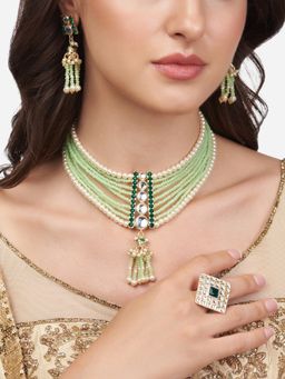 Zaveri Pearls - Green Multistrand Beaded Bridal Kundan Necklace Earring & Ring Set-ZPFK13972