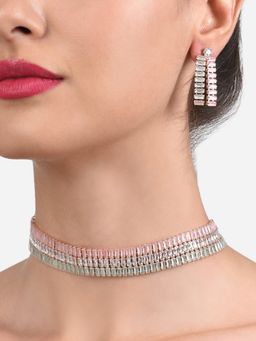 Zaveri Pearls - Pink & Green Baguette Cubic Zirconia Party Necklace & Earring Set-ZPFK14034