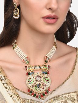 Zaveri Pearls - Multicolor Enamel Peacock Multistrand Necklace Earring & Ring Set-ZPFK14060