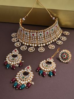Zaveri Pearls - Green & Maroon Choker Necklace Earring Maangtikka & Ring Set-ZPFK14071