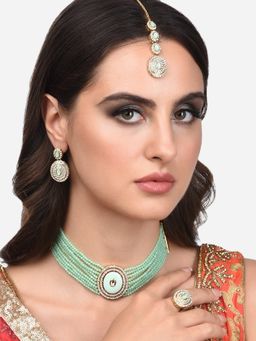 Zaveri Pearls - Green Enamel Multistrand Necklace Earring Maangtikka & Ring Set-ZPFK14145