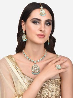 Zaveri Pearls - Turquoise Stones & Beads Bridal Necklace Earring Maangtikka & Ring Set-ZPFK14146