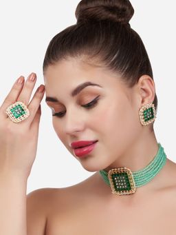 Zaveri Pearls - Green Meenakari Multistrand Choker Necklace, Earring and Ring (Set of 3)