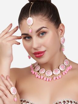 Zaveri Pearls - Pink Meenakari Filigree Necklace, Earring, Maangtikka and Ring (Set of 4)